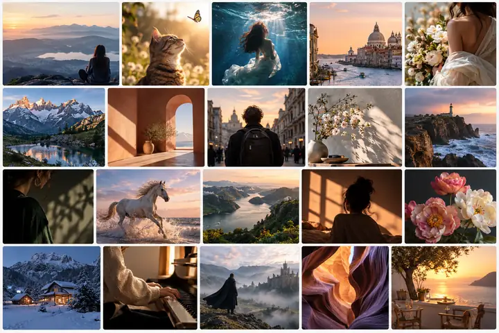 A polished gallery of diverse AI-assisted visual projects displayed as a grid of photographs and artwork on a clean light interface.