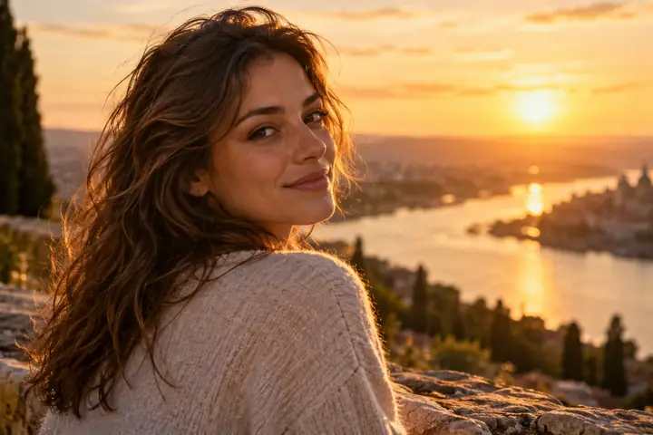 Natural cinematic portrait photographed at golden hour, with a relaxed expression and warmly blurred outdoor background.