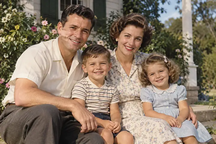 Tastefully restored vintage family photograph with clear natural detail, gentle colors and a nostalgic atmosphere.