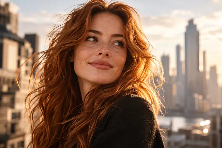 Editorial close-up portrait with warm copper hair and soft daylight, photographed against a softly blurred city background.