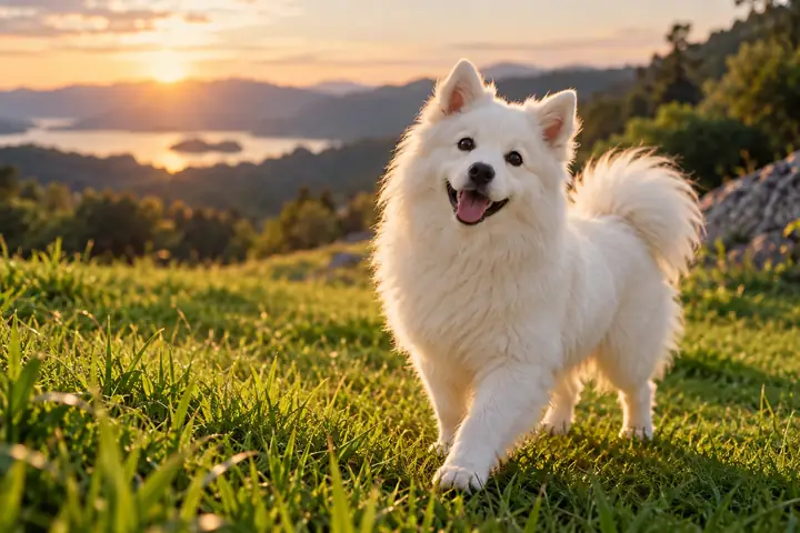 A fluffy white dog standing on bright green grass, captured in a playful cinematic pet portrait.