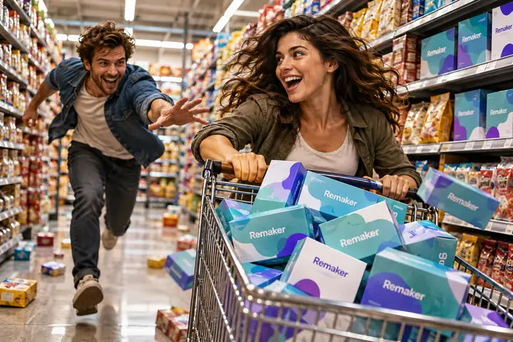 Two actors in a carefully staged action scene in a brightly lit grocery store aisle, dynamic cinematic framing.