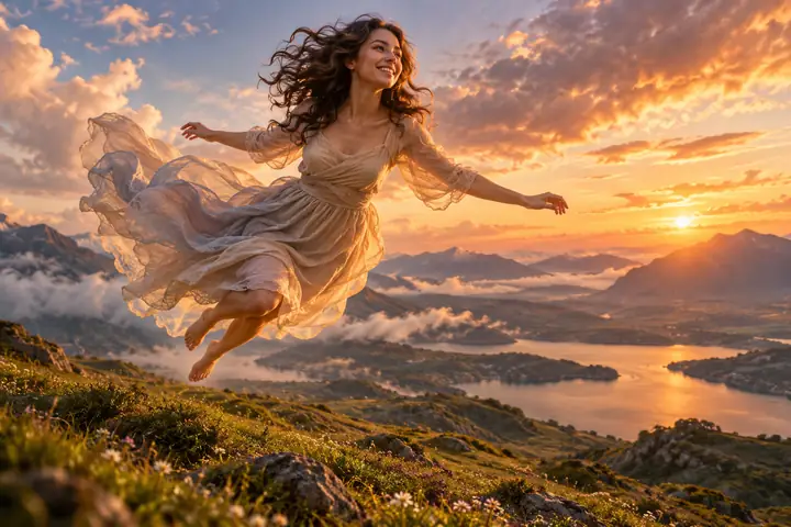A woman floating playfully above a grassy hillside in a cinematic fantasy scene.