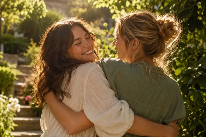 Two friends embracing in a leafy garden in a warm cinematic frame.