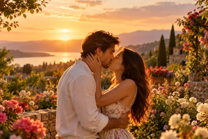 A couple sharing a gentle kiss in a flower-filled garden during warm golden-hour light, cinematic wide shot.