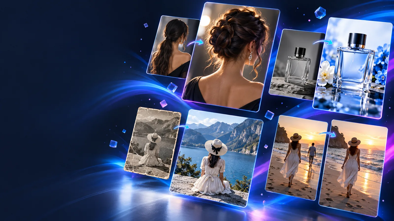 Creative image editing workspace with example outputs