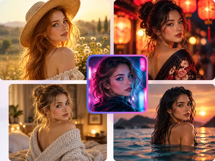 Stylized portrait examples with distinct lighting and artistic treatments.